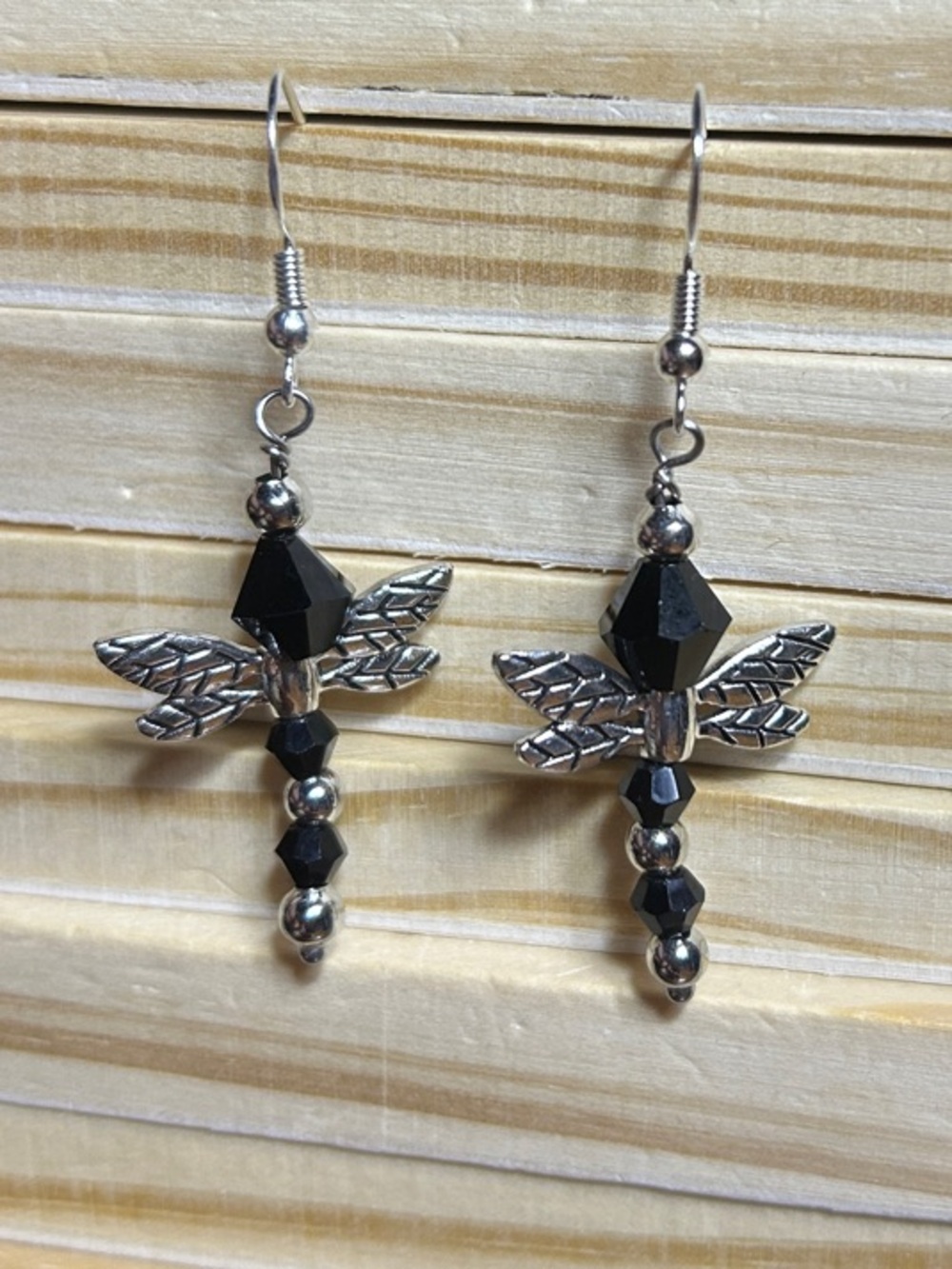 3/$25 Silver Dragonfly Dangle Earrings with Black Beads